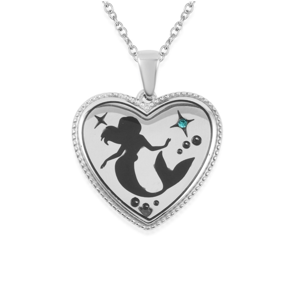 Disney Little Mermaid Black Silhouette Heart Pendant Austrian Crystal Necklace
